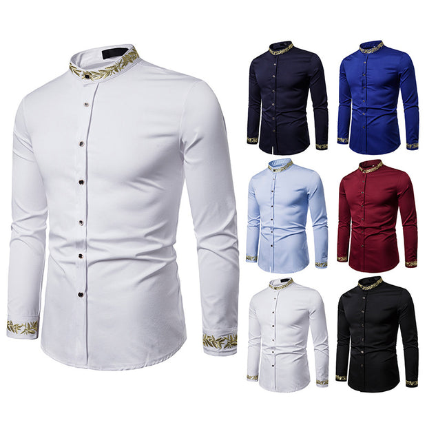 Gold Embroidery White Shirt Men Brand New Stand Collar Mens Dress Shirts Casual Slim Long Sleeve Chemise Homme Camisa Masculina