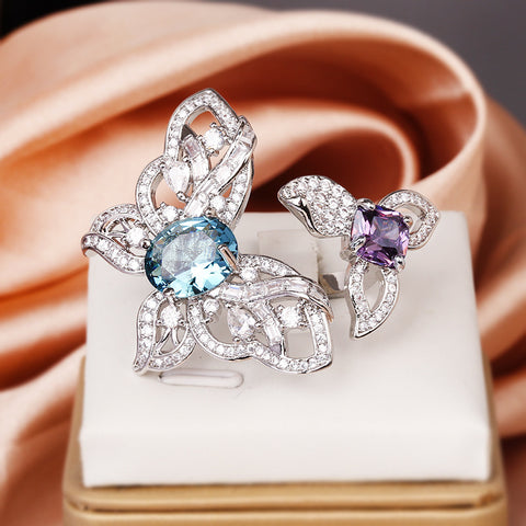 Light Luxury Rhinestone Butterfly Love Heart-shaped Ring Female