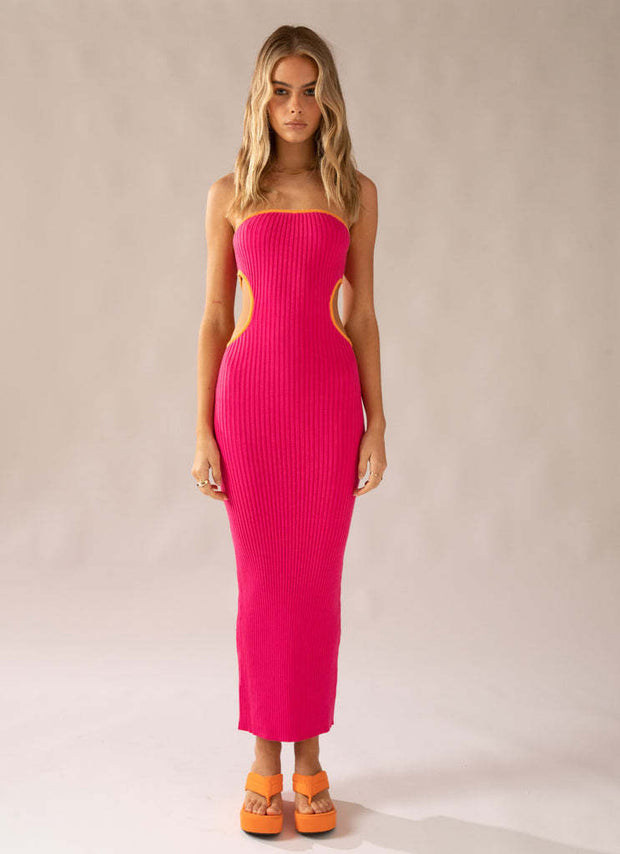 Women's Knitted Tube Top Hollow-out Slim-fit Sheath Dress